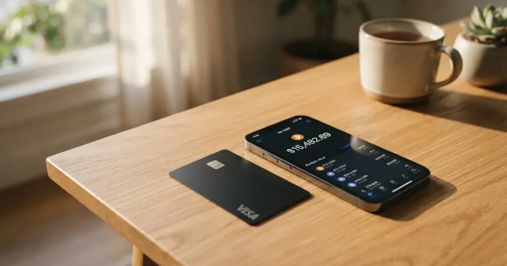 A payment card next to a phone with a crypto wallet app open