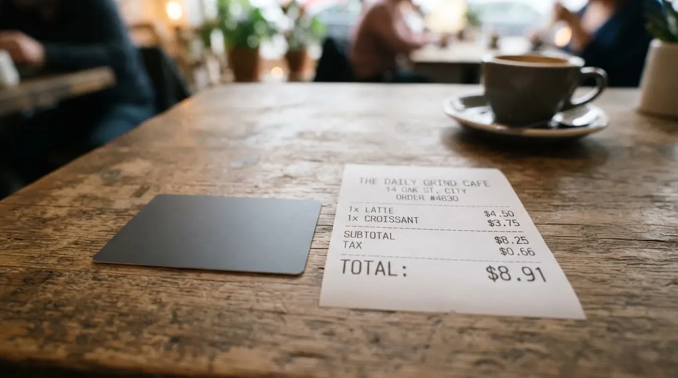 A receipt and a card on a café table