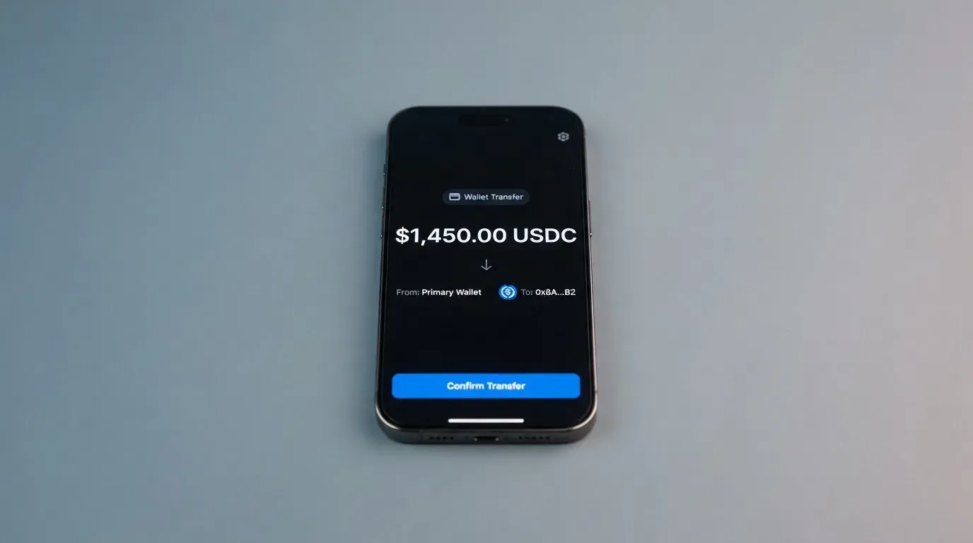 A phone showing a stablecoin transfer screen