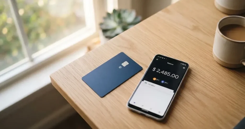 A payment card next to a phone with a crypto wallet app open