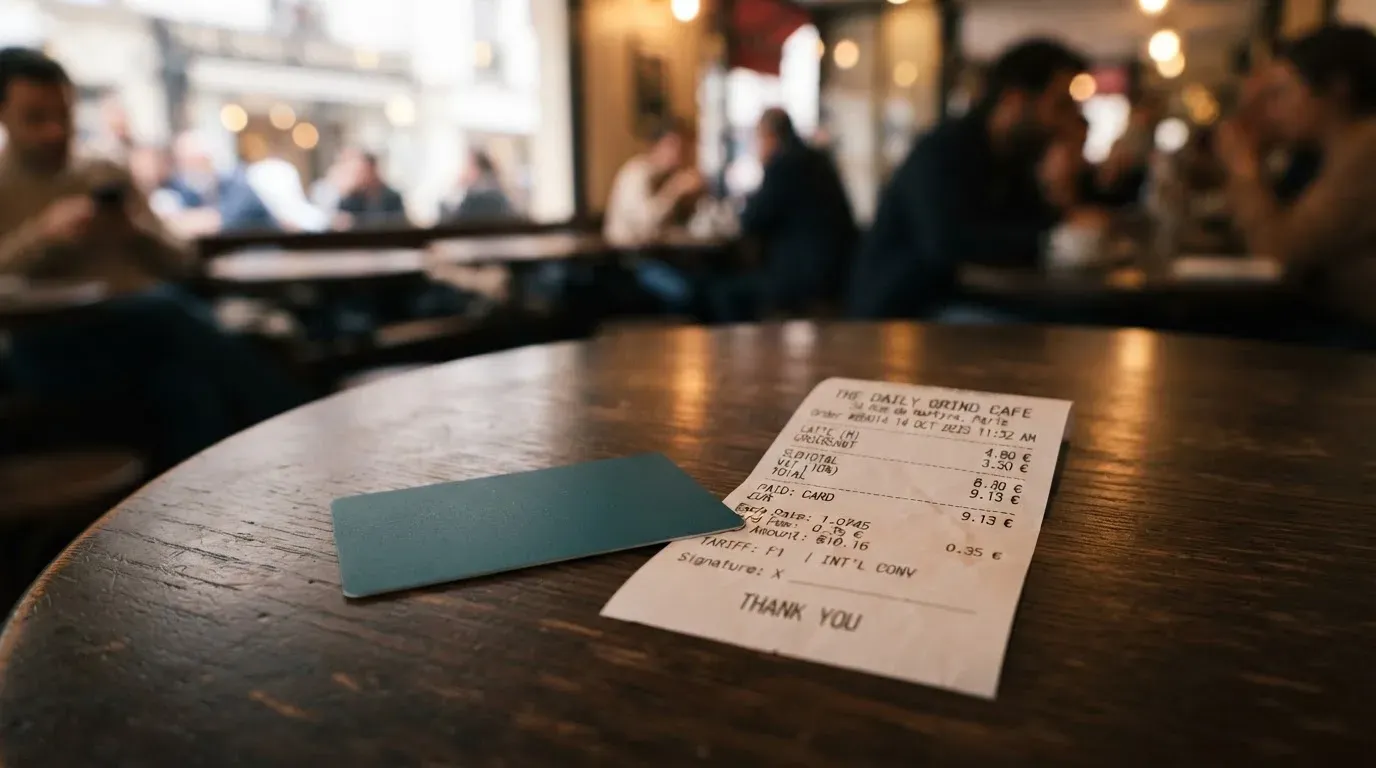 A receipt and a card on a café table