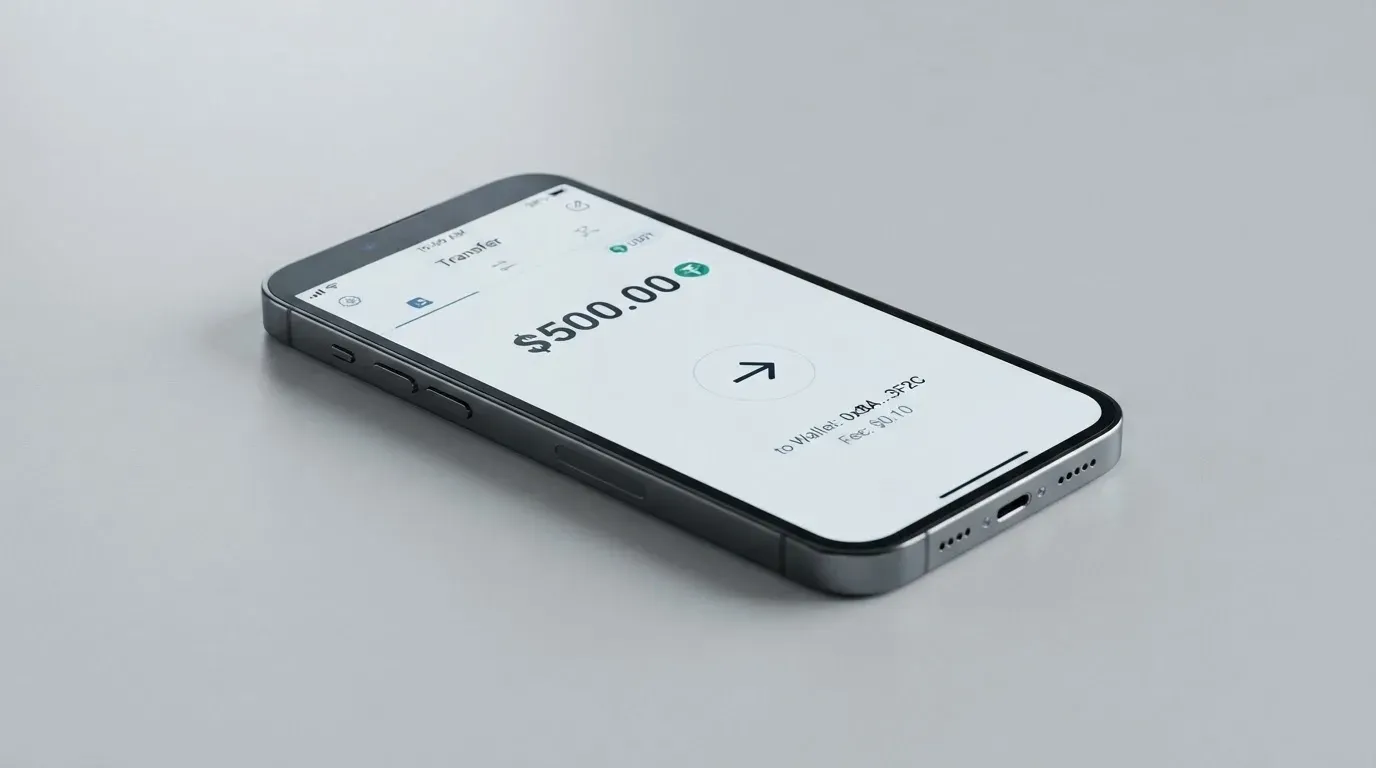 A phone showing a stablecoin transfer screen