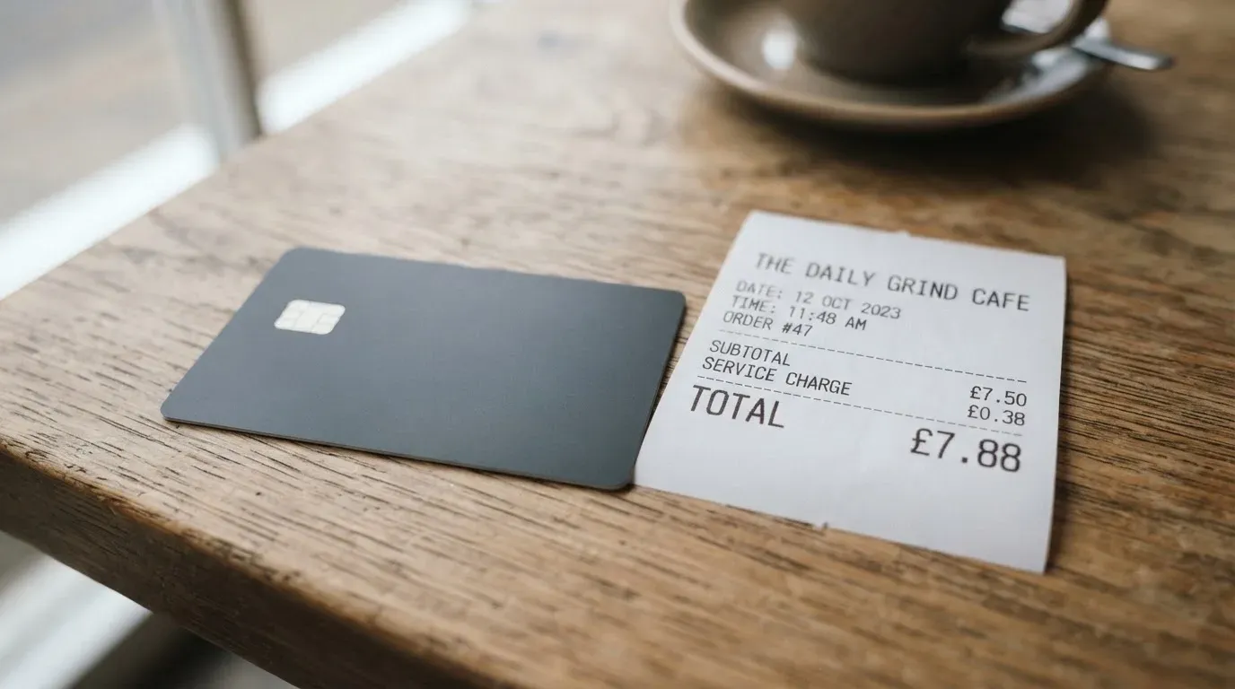 A receipt and a card on a café table