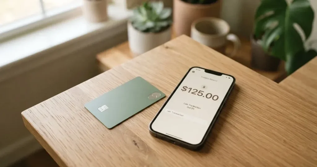 A payment card next to a phone with a crypto wallet app open
