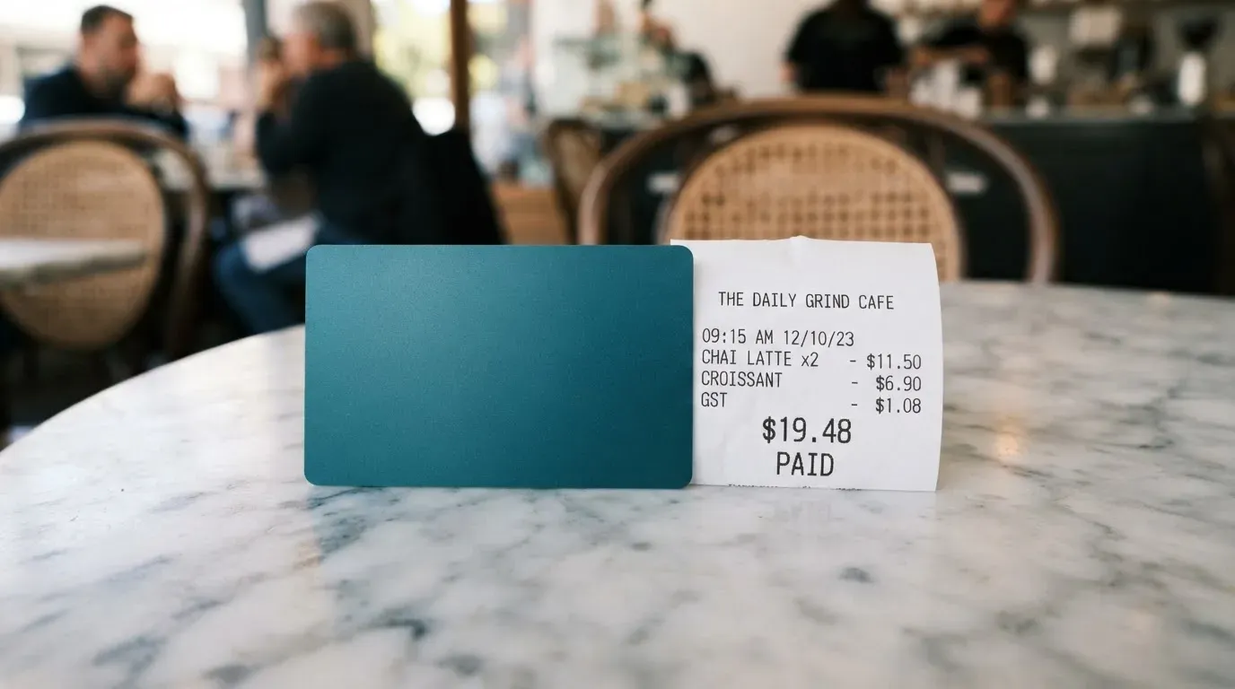 A receipt and a card on a café table