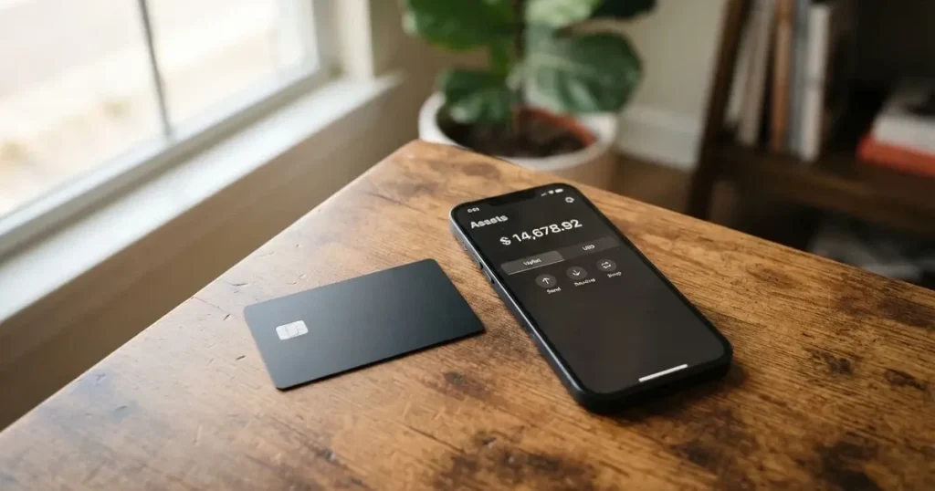A payment card next to a phone with a crypto wallet app open