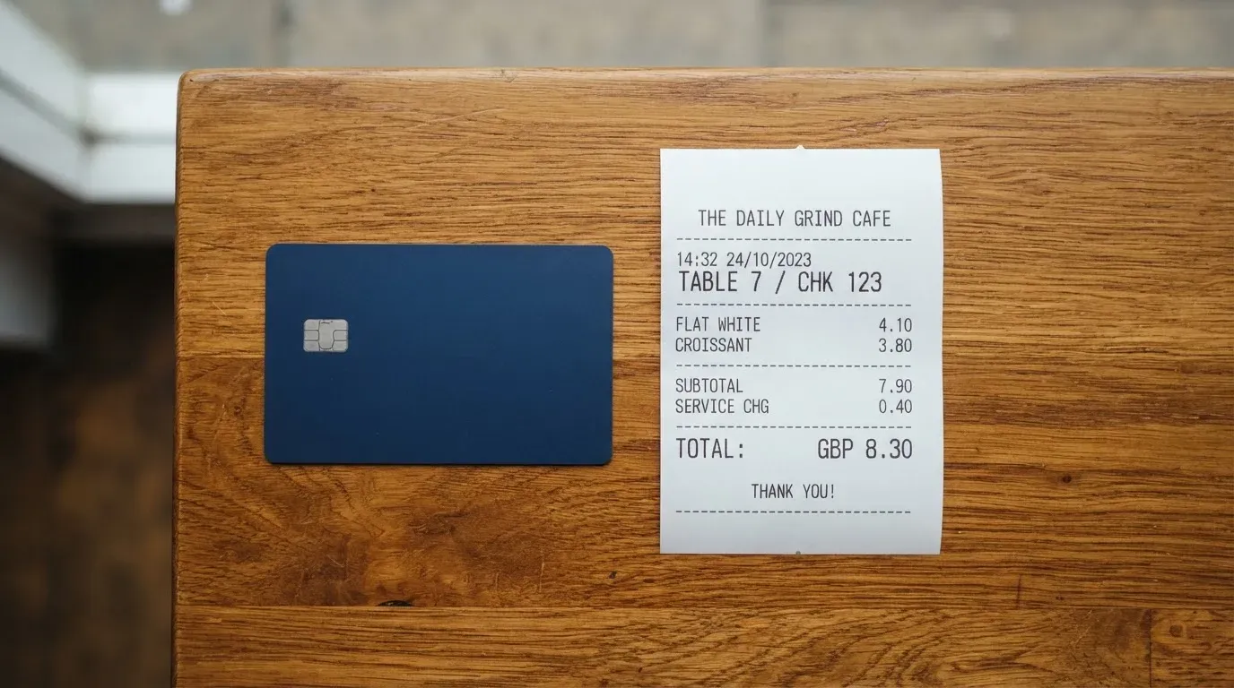A receipt and a card on a café table