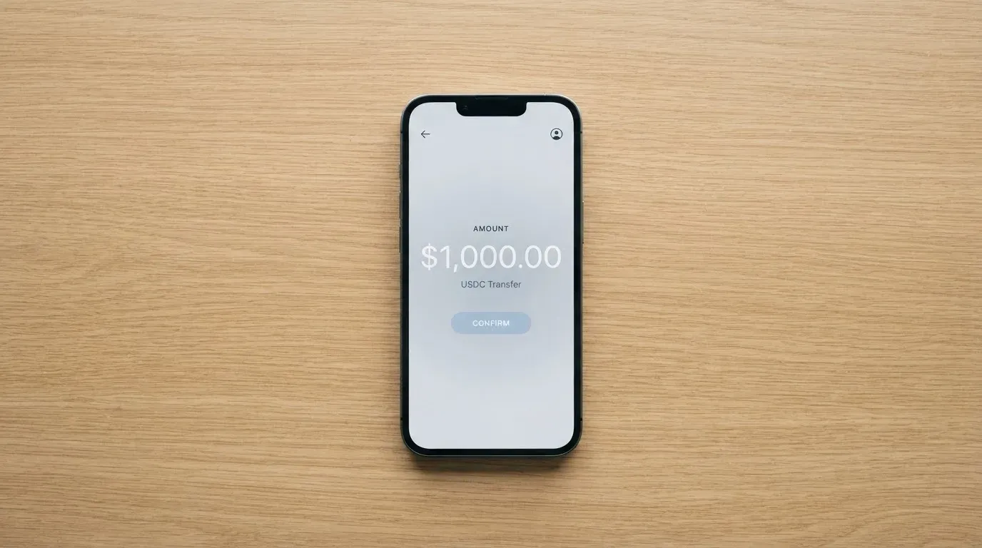 A phone showing a stablecoin transfer screen