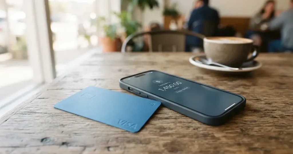 A payment card next to a phone with a crypto wallet app open