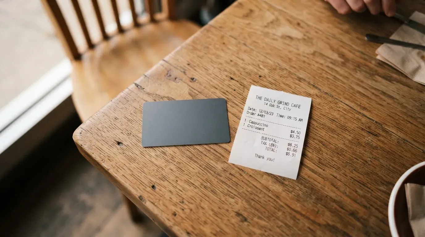 A receipt and a card on a café table