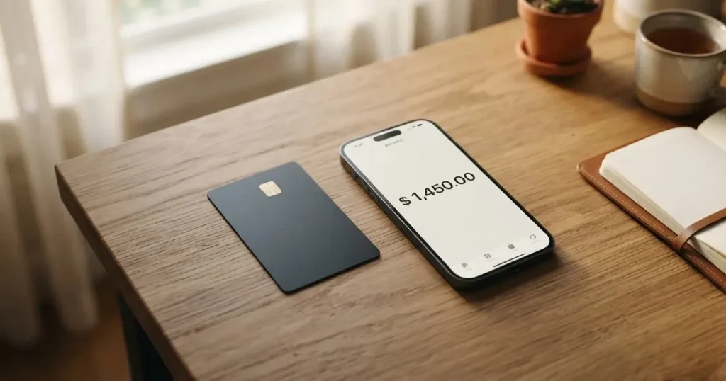 A payment card next to a phone with a crypto wallet app open