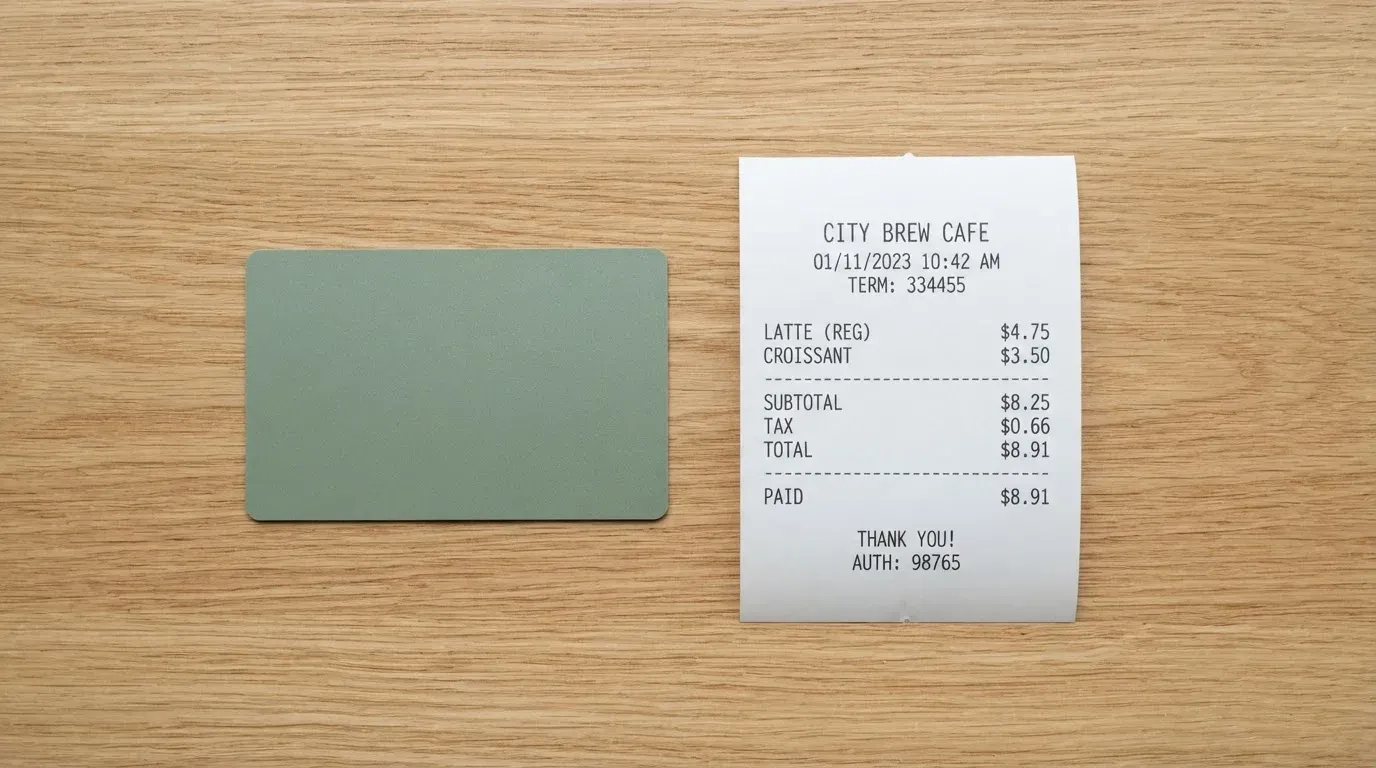A receipt and a card on a café table