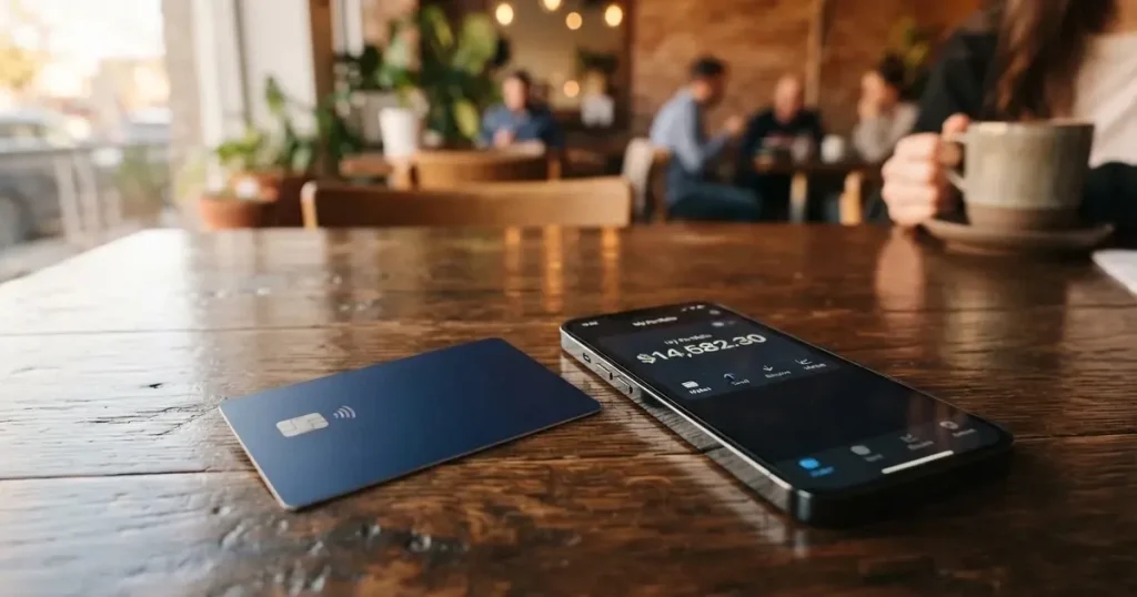 A payment card next to a phone with a crypto wallet app open