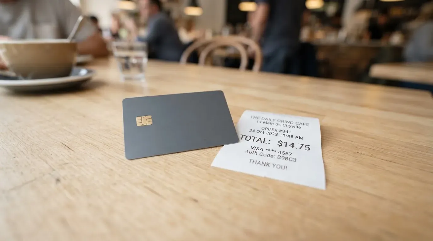 A receipt and a card on a café table