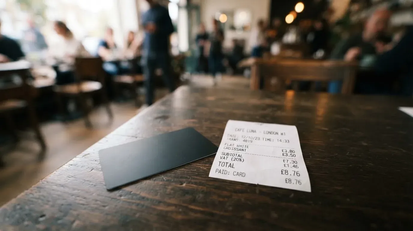 A receipt and a card on a café table