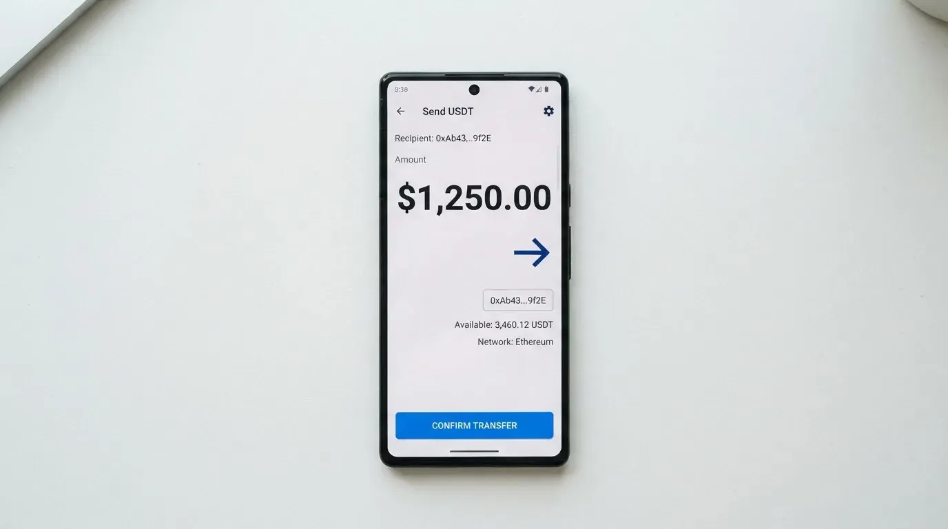A phone showing a stablecoin transfer screen