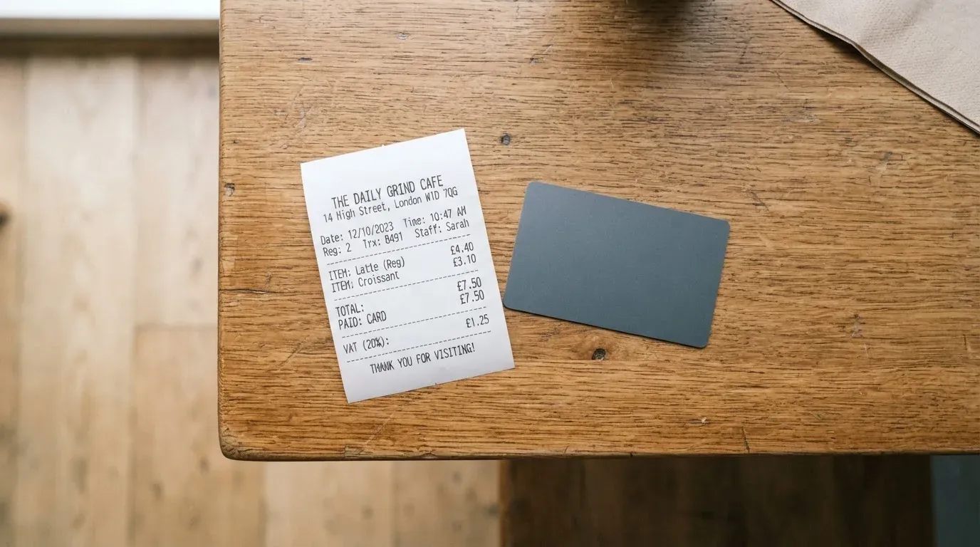 A receipt and a card on a café table