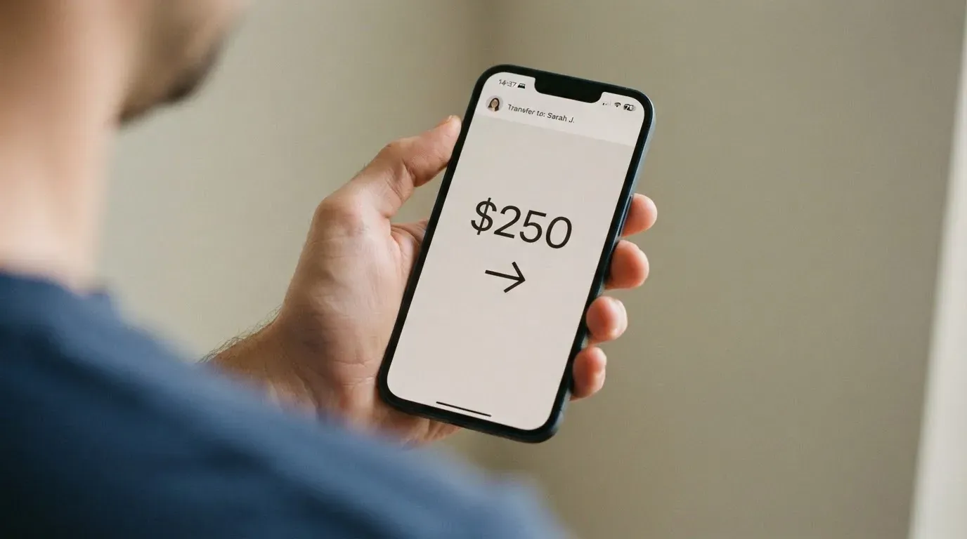 A phone showing a stablecoin transfer screen