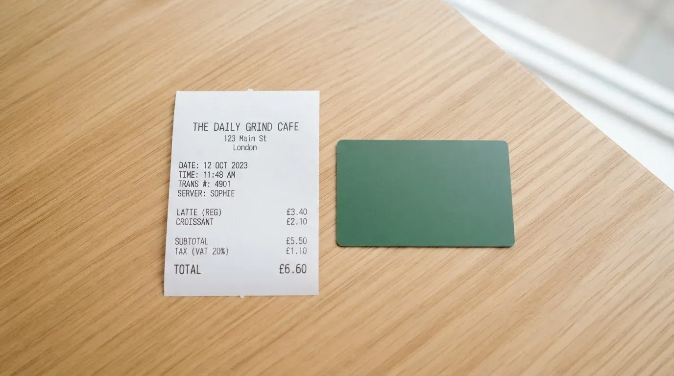 A receipt and a card on a café table