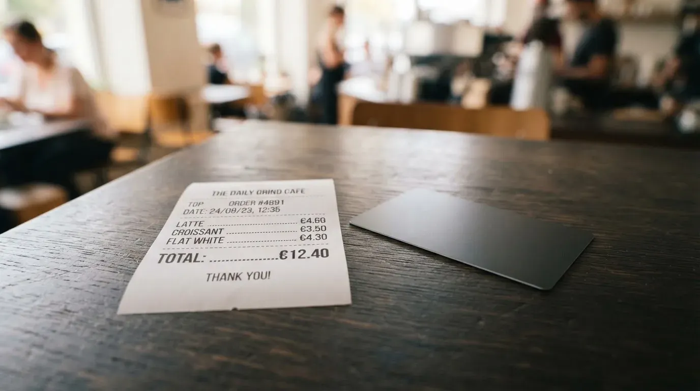 A receipt and a card on a café table