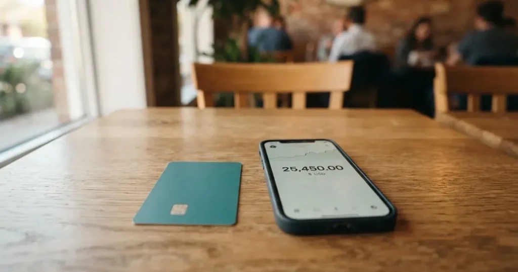 A payment card next to a phone with a crypto wallet app open