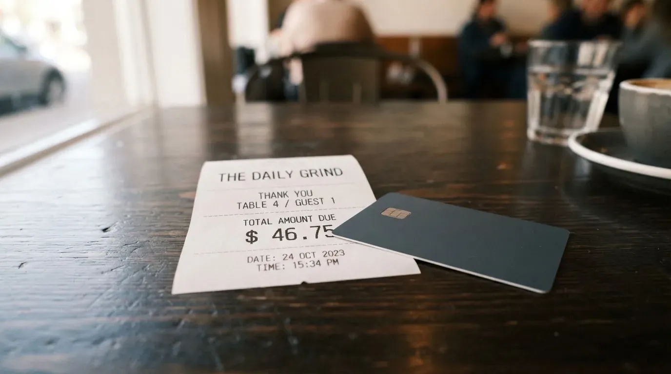 A receipt and a card on a café table
