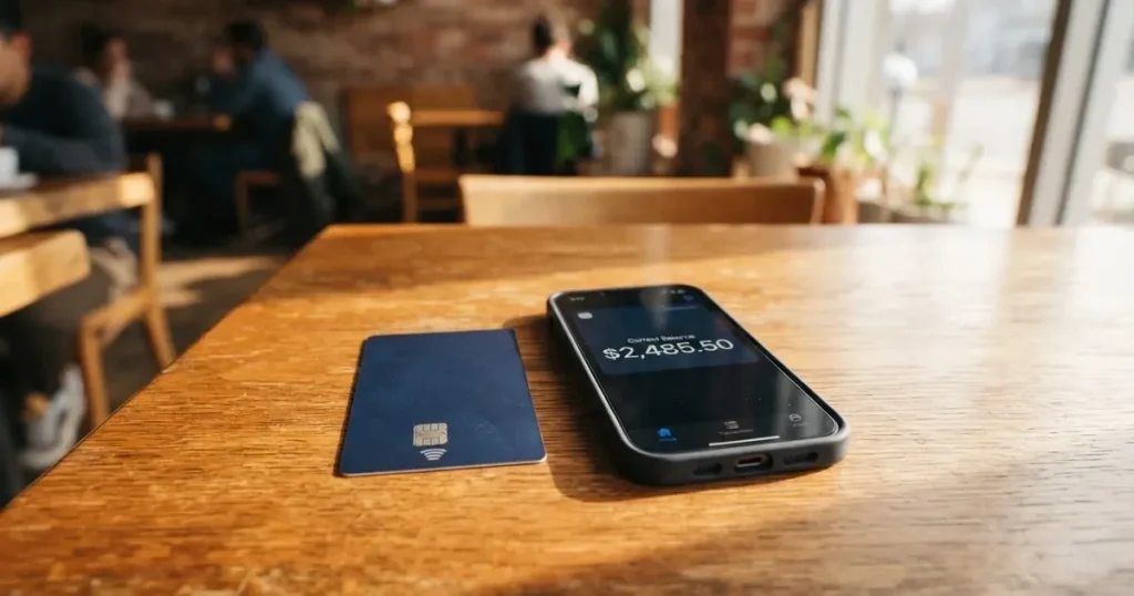 A payment card next to a phone with a crypto wallet app open
