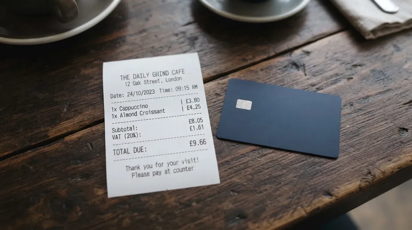 A receipt and a card on a café table
