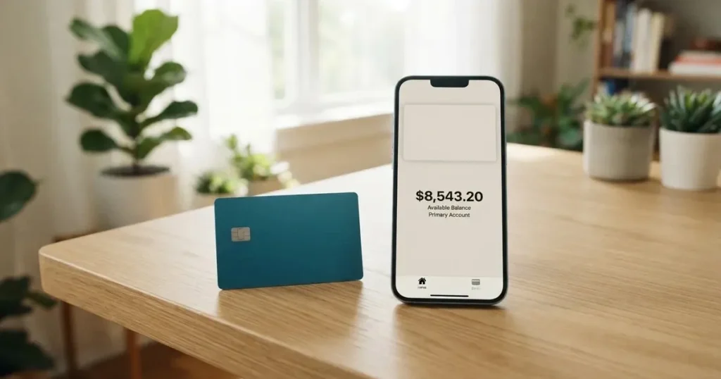 A payment card next to a phone with a crypto wallet app open