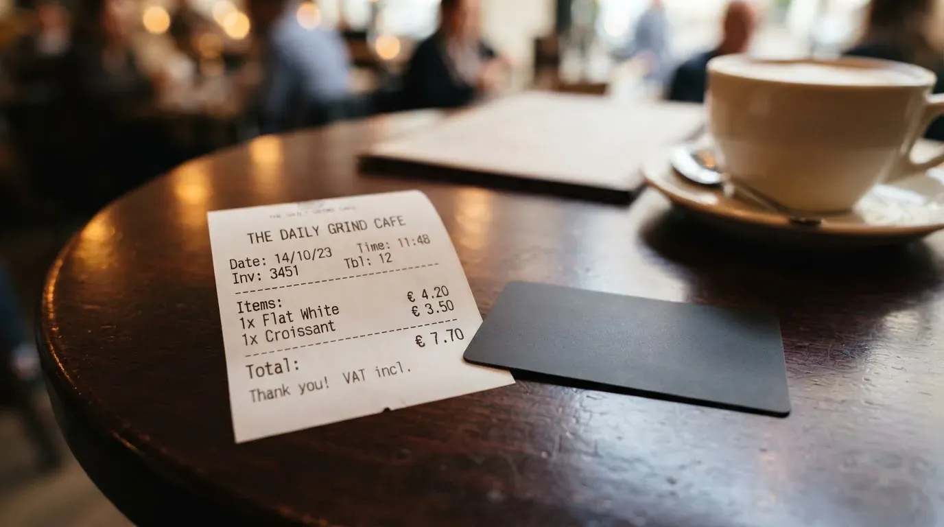 A receipt and a card on a café table