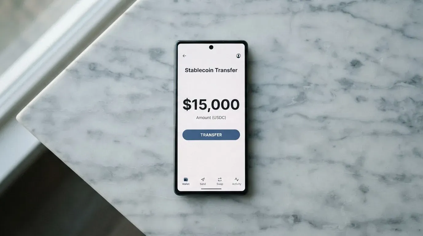 A phone showing a stablecoin transfer screen