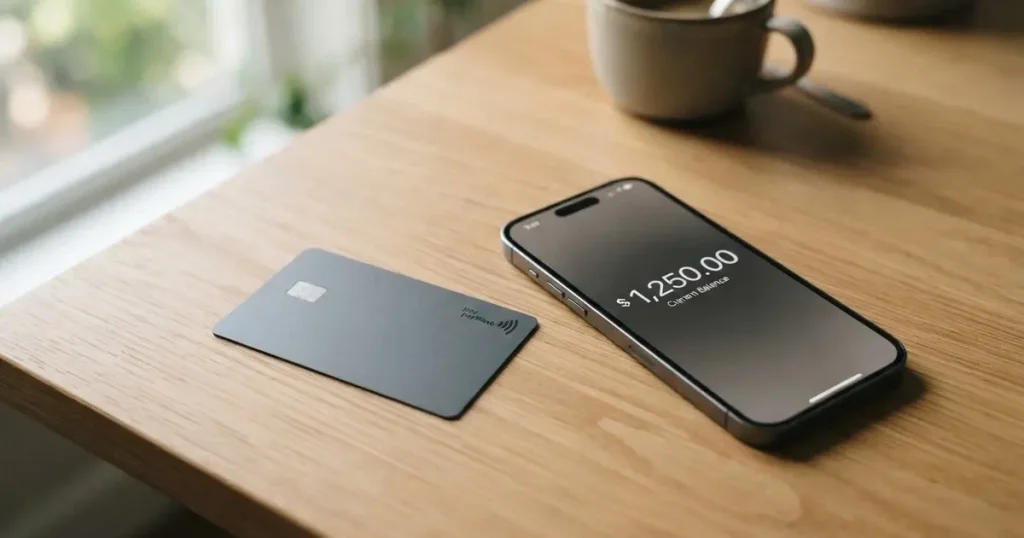 A payment card next to a phone with a crypto wallet app open