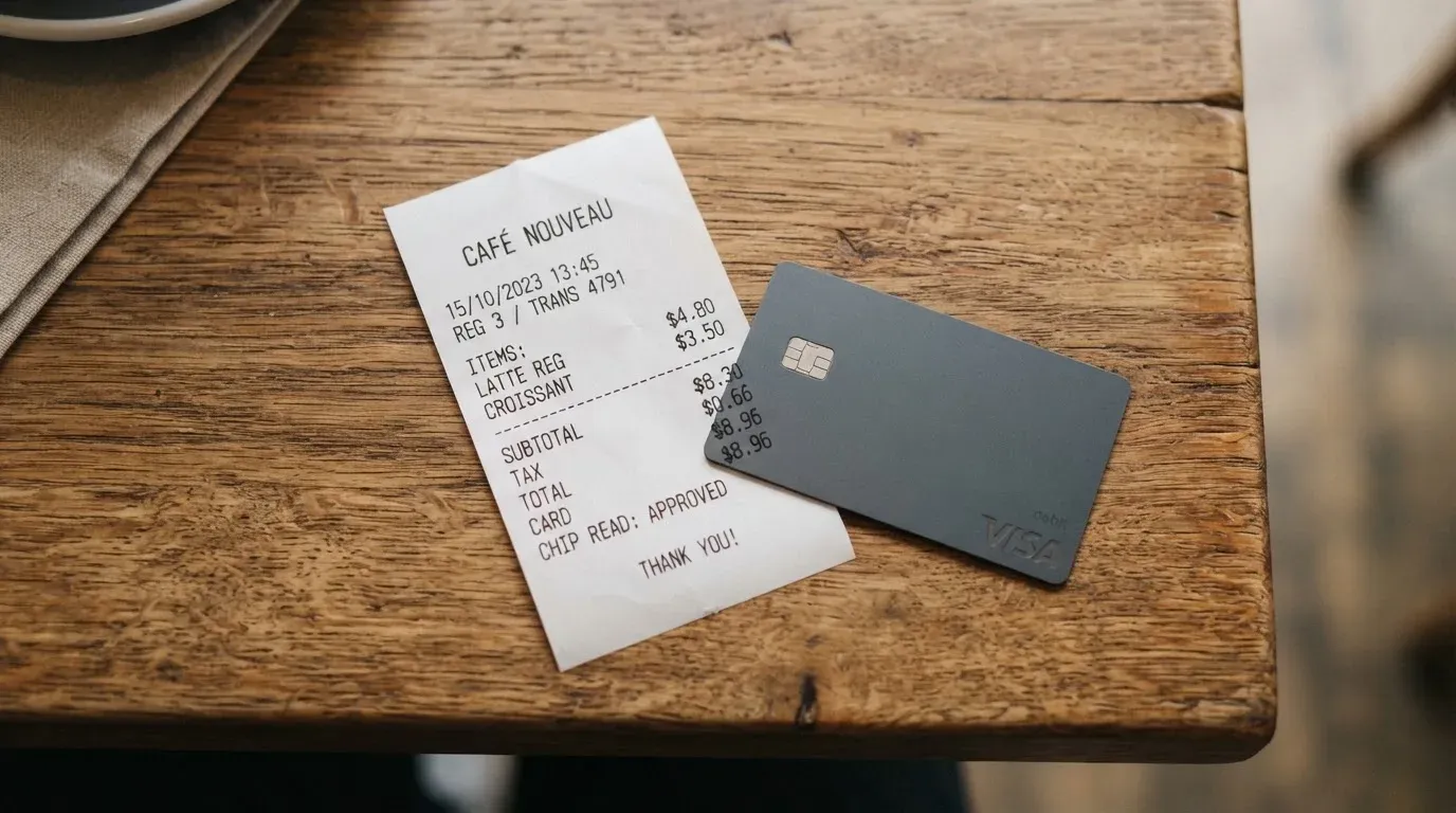 A receipt and a card on a café table