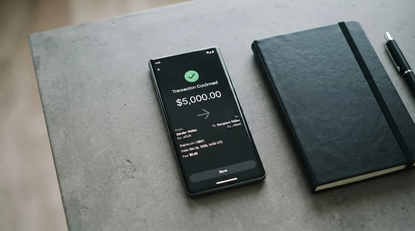 A phone showing a stablecoin transfer screen