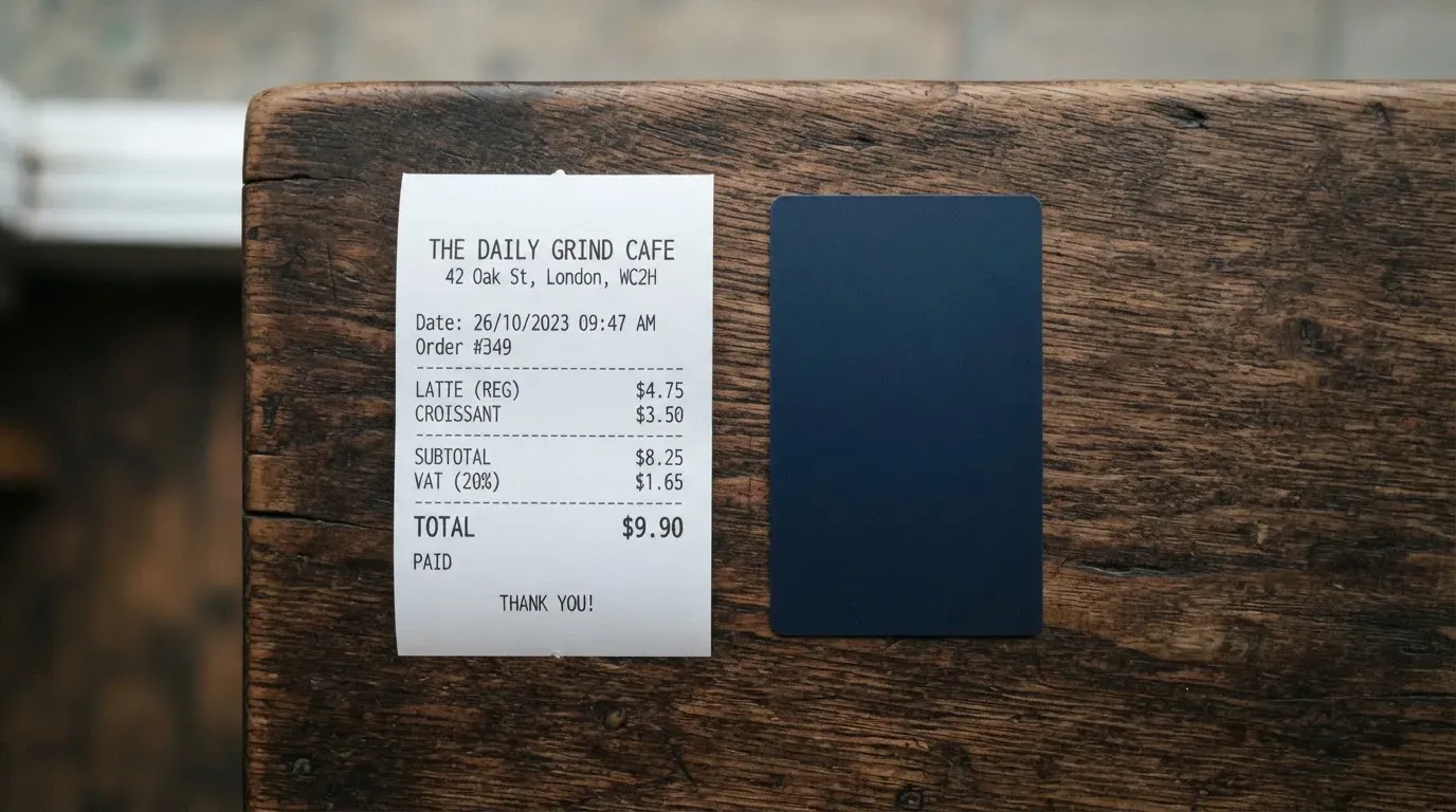 A receipt and a card on a café table