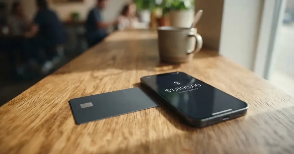 A payment card next to a phone with a crypto wallet app open
