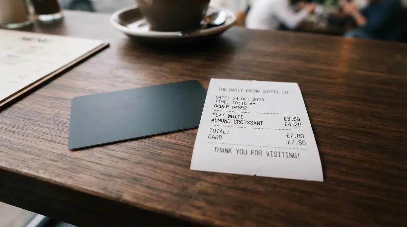 A receipt and a card on a café table