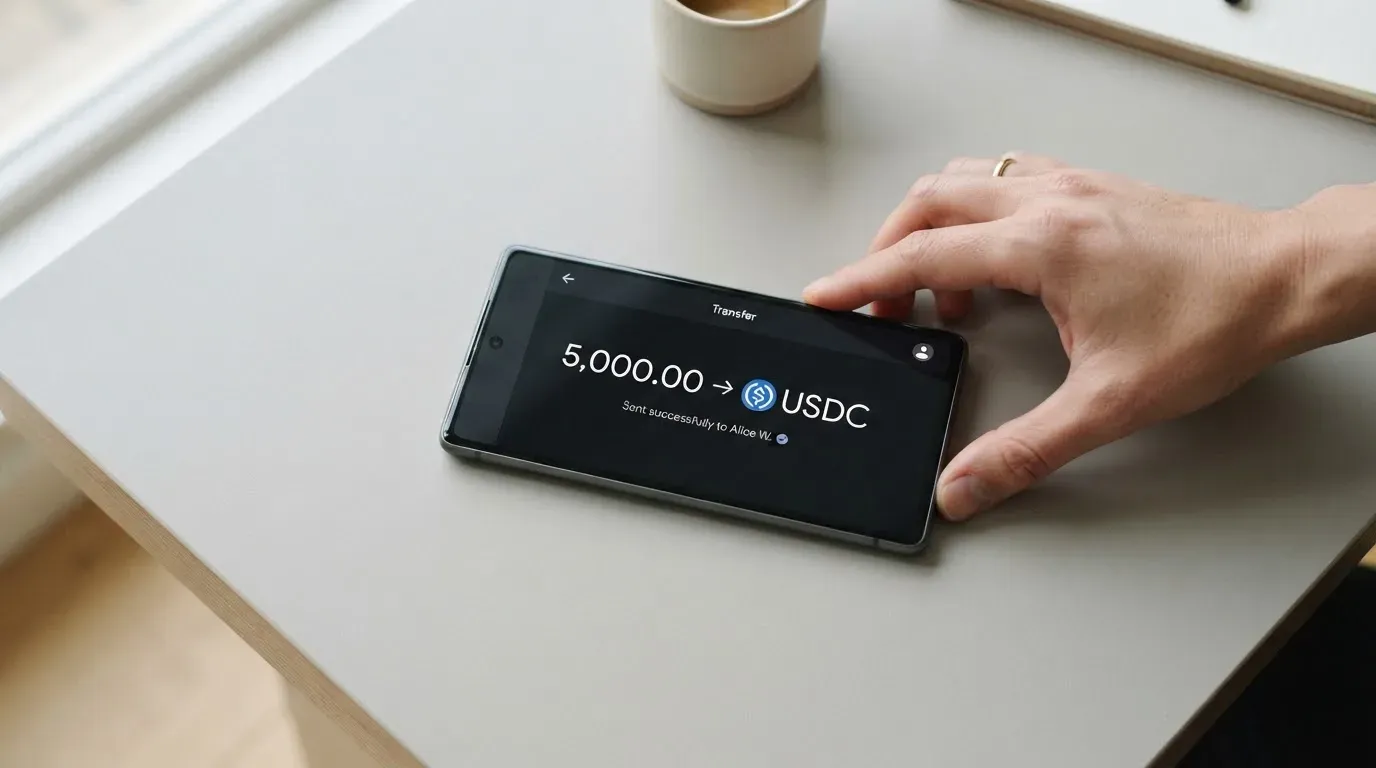 A phone showing a stablecoin transfer screen