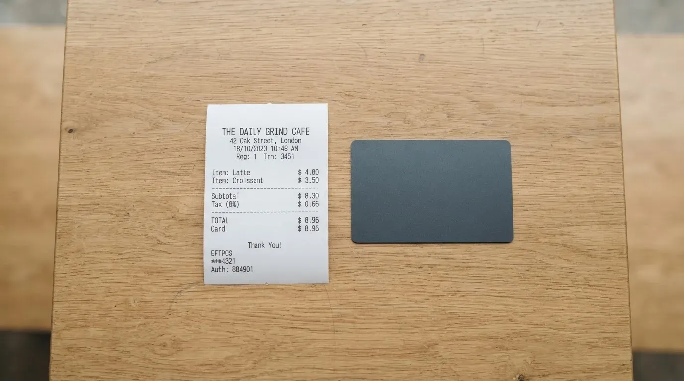 A receipt and a card on a café table