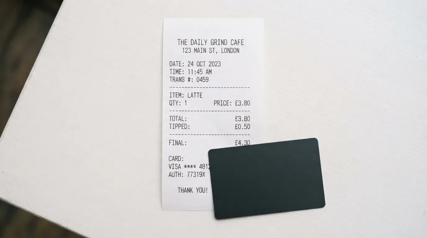 A receipt and a card on a café table
