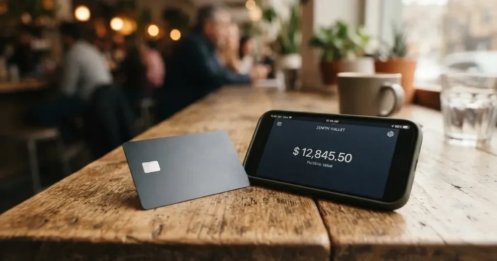 A payment card next to a phone with a crypto wallet app open