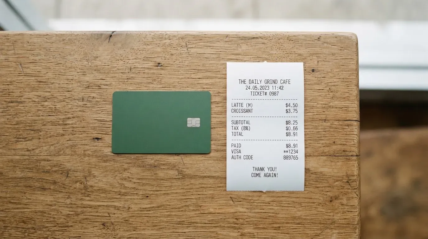 A receipt and a card on a café table