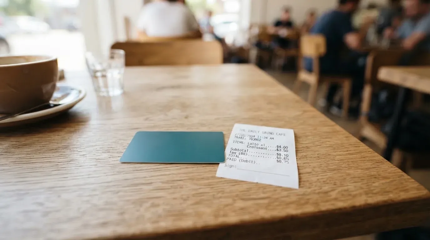 A receipt and a card on a café table