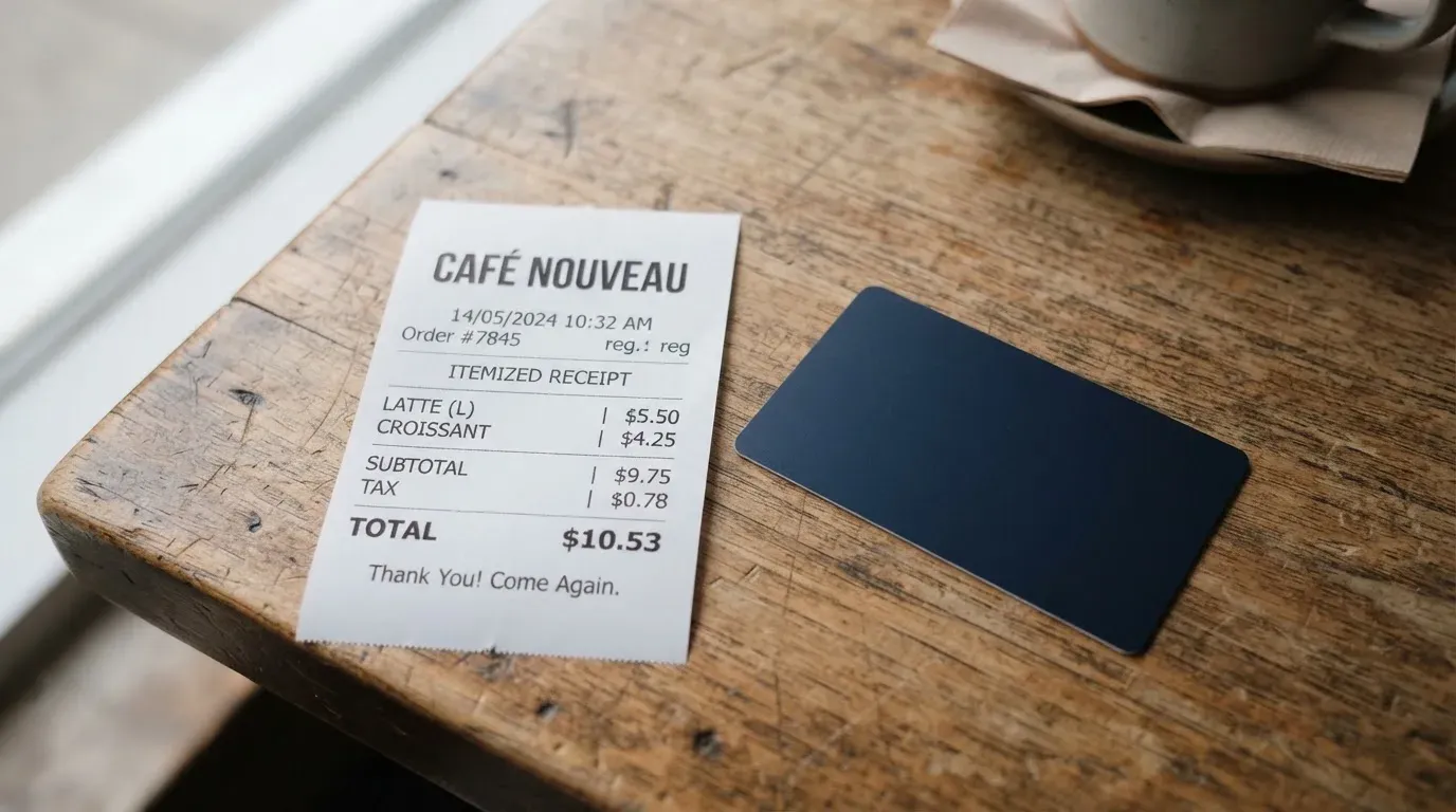 A receipt and a card on a café table