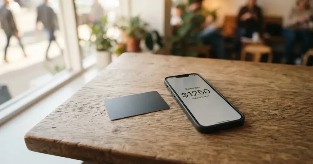 A payment card next to a phone with a crypto wallet app open