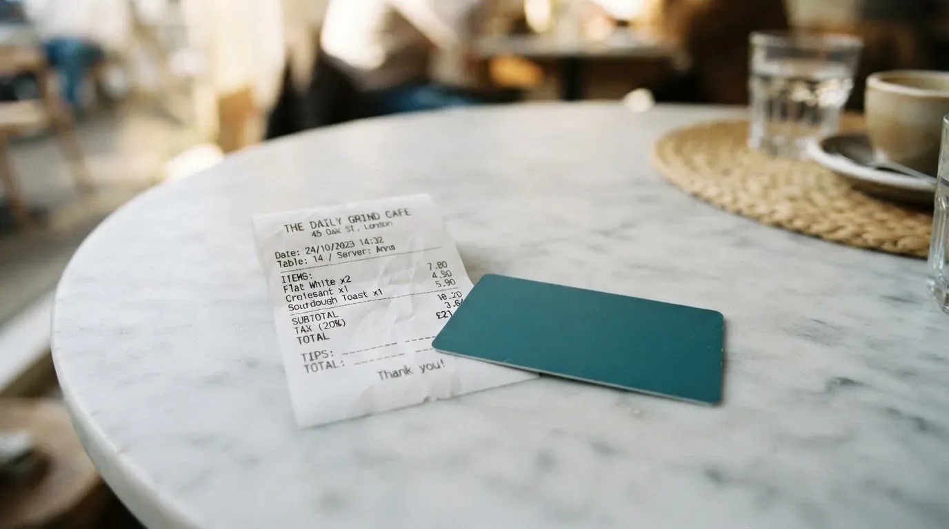 A receipt and a card on a café table