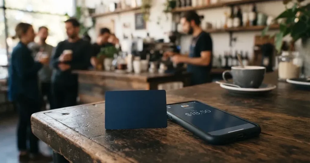 A payment card next to a phone with a crypto wallet app open