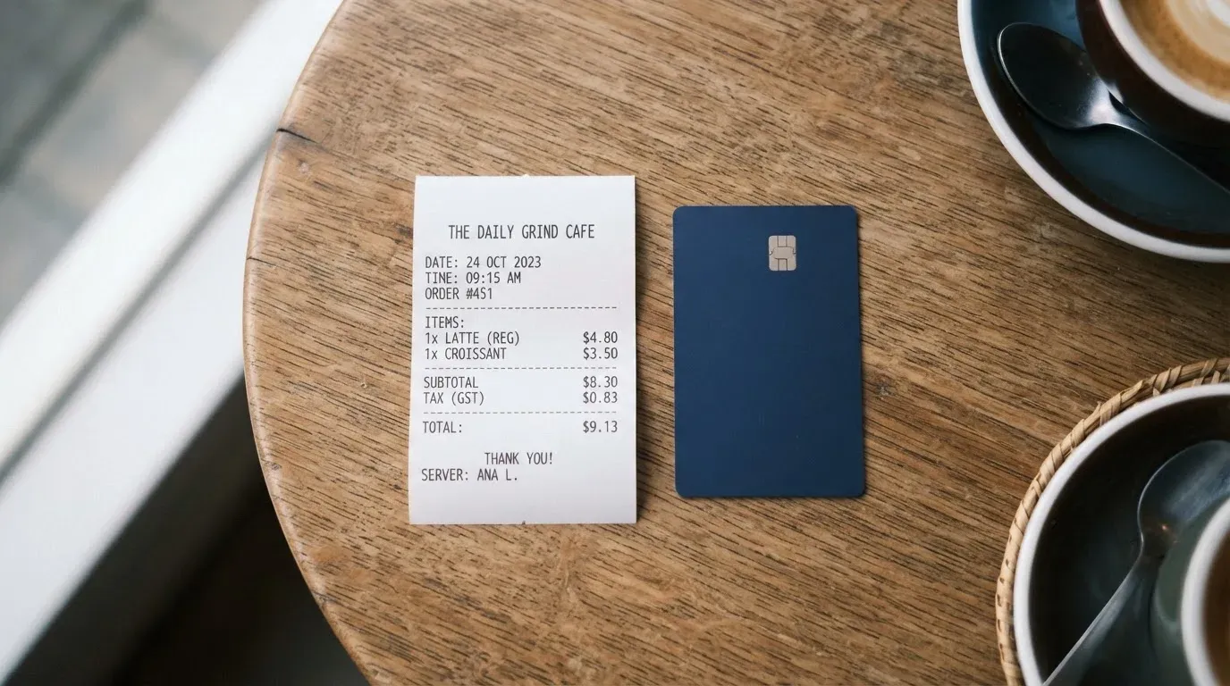 A receipt and a card on a café table