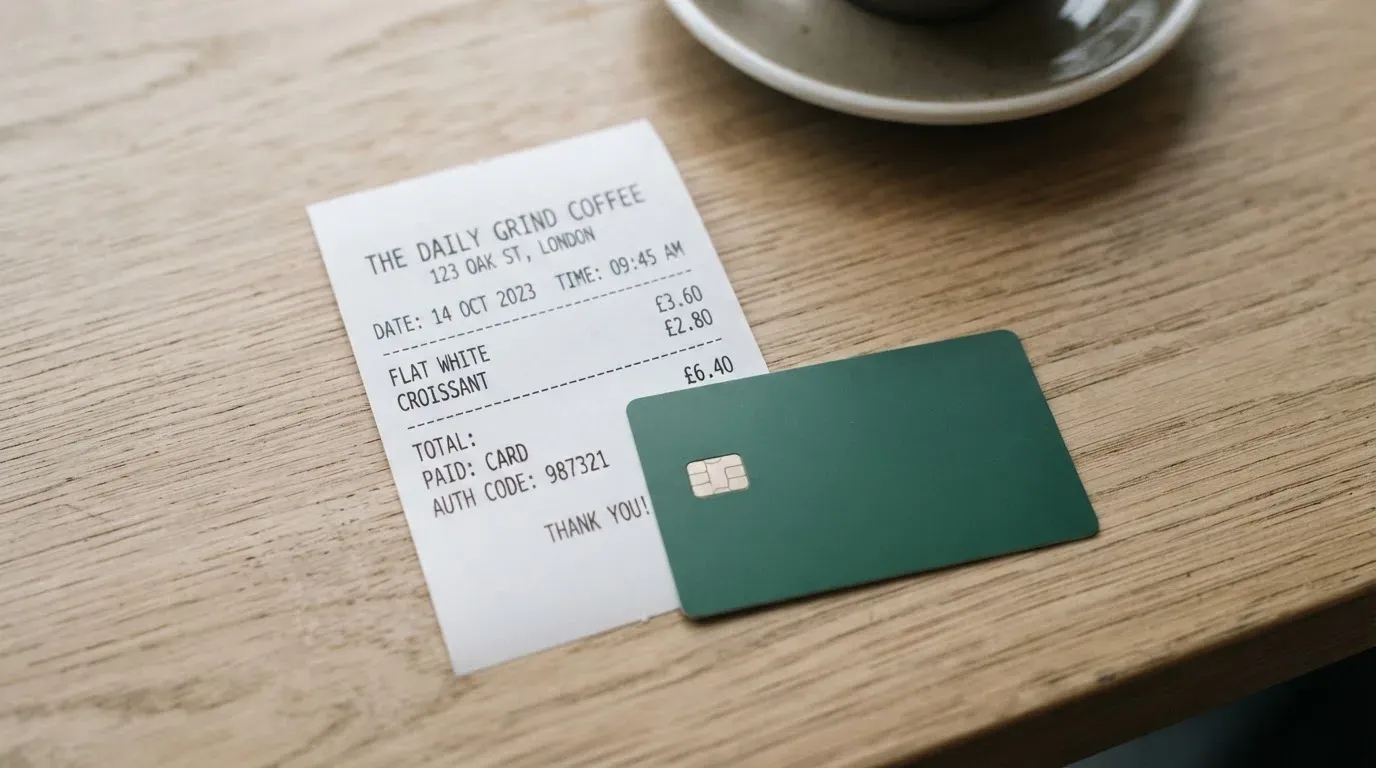 A receipt and a card on a café table
