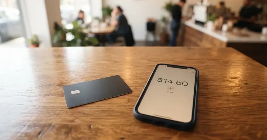A payment card next to a phone with a crypto wallet app open